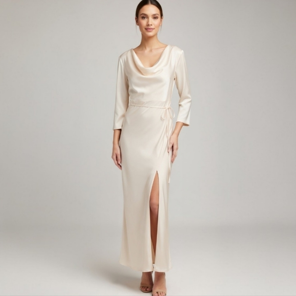 Champagne Long Sleeve Cowl Neck Maxi Dress Moon Dance Style Event Formal Small